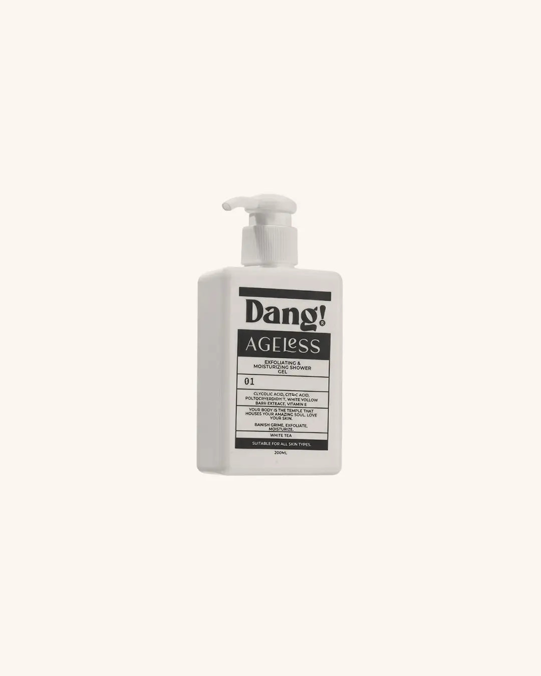White bottle with pump labeled 'Dang! Ageless' Exfoliating and Moisturizing shower gel on a white background