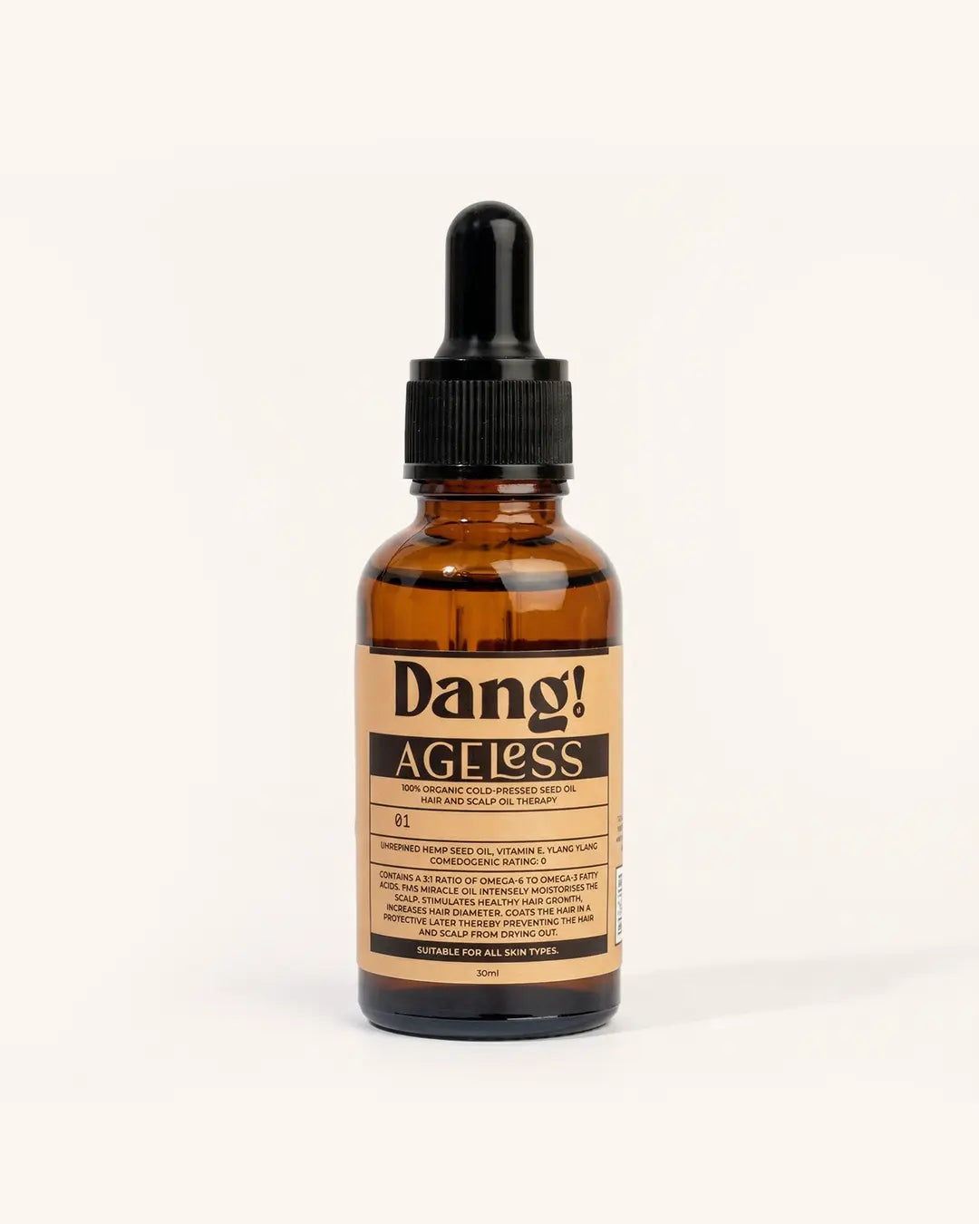 Hemp Seed Oil for hair in a Brown glass bottle with dropper labelled 'Dang! Ageless hemp seed oil