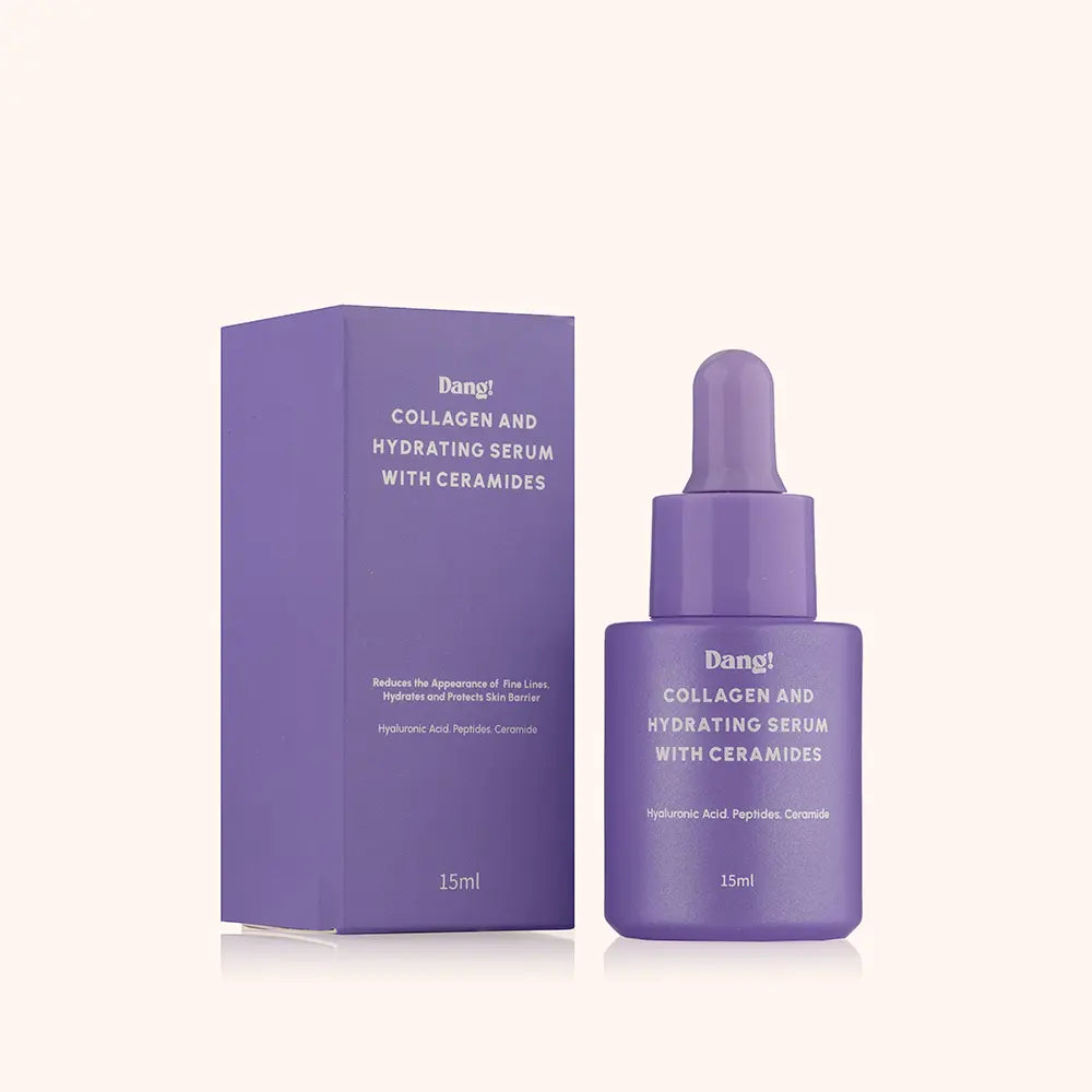An image of a product in a purple bottle with the text Dang! Collagen and hydrating serum with ceramides