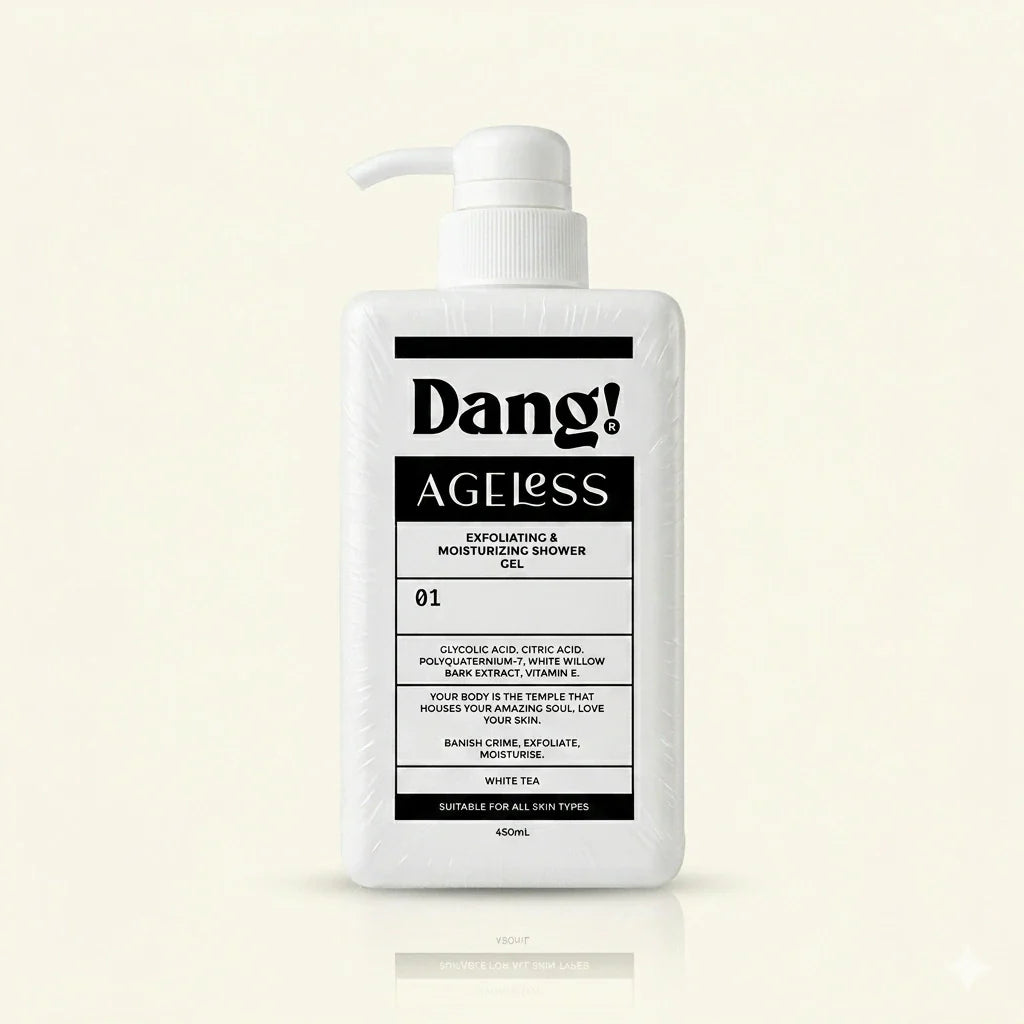 An image of a white bottle with pump and black text agaist an offwhite background