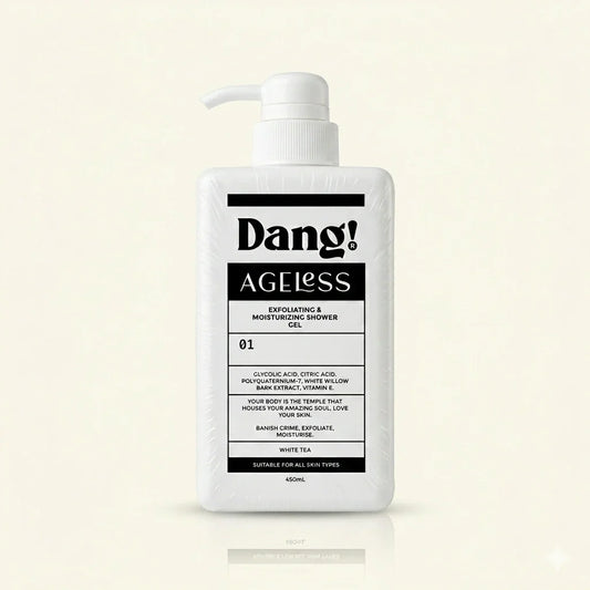 An image of a white bottle with pump and black text agaist an offwhite background