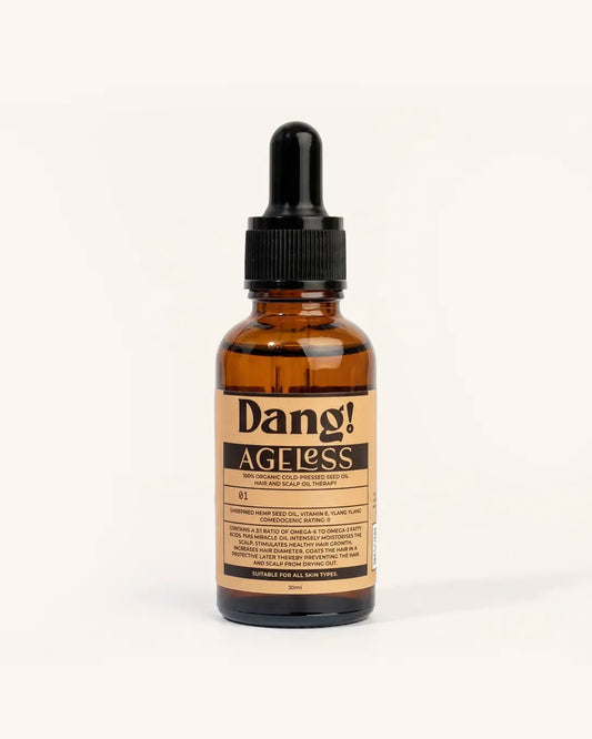 Hemp Seed Oil for hair in a Brown glass bottle with dropper labelled 'Dang! Ageless  hemp seed oil