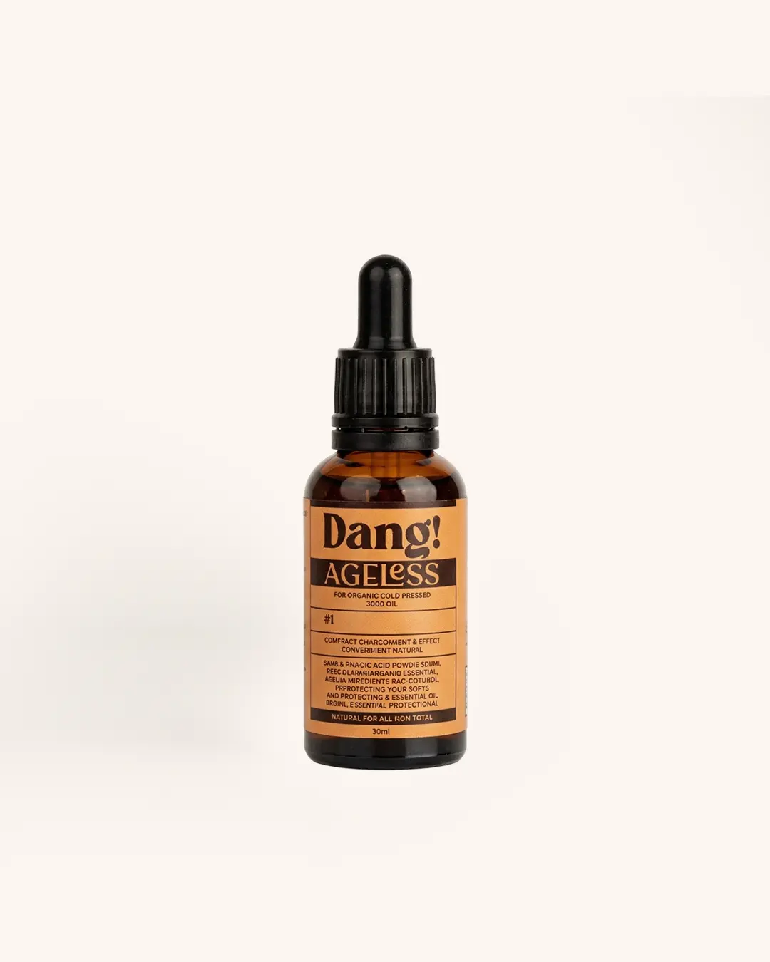 An image of a brown bottle with dropper behind a cream background with text Dang! Ageless Organic Rosehip Oil