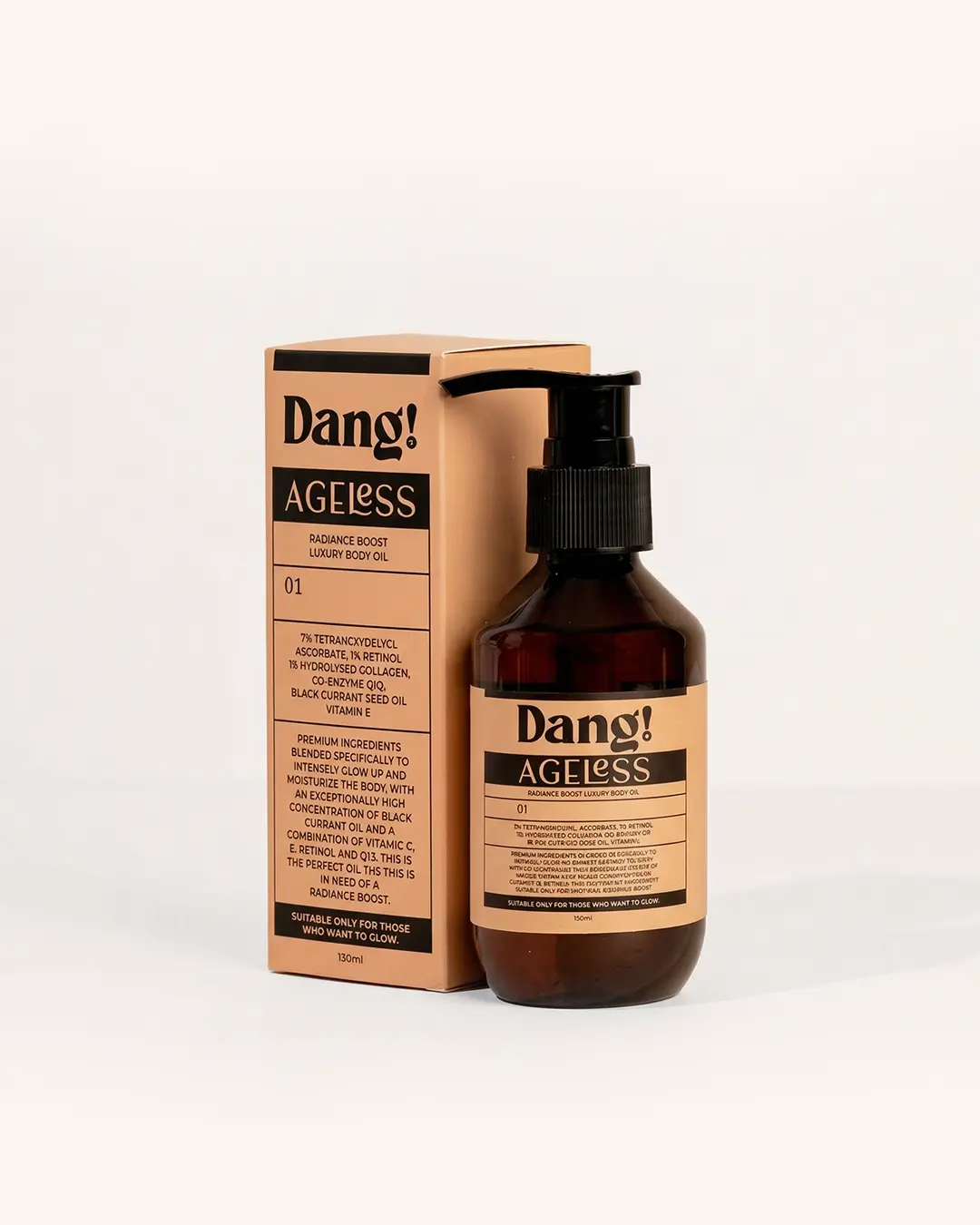 An image of a brown bottle with pump placed against a cream background with the text Dang! Ageless Raidiance Boost Body Oil