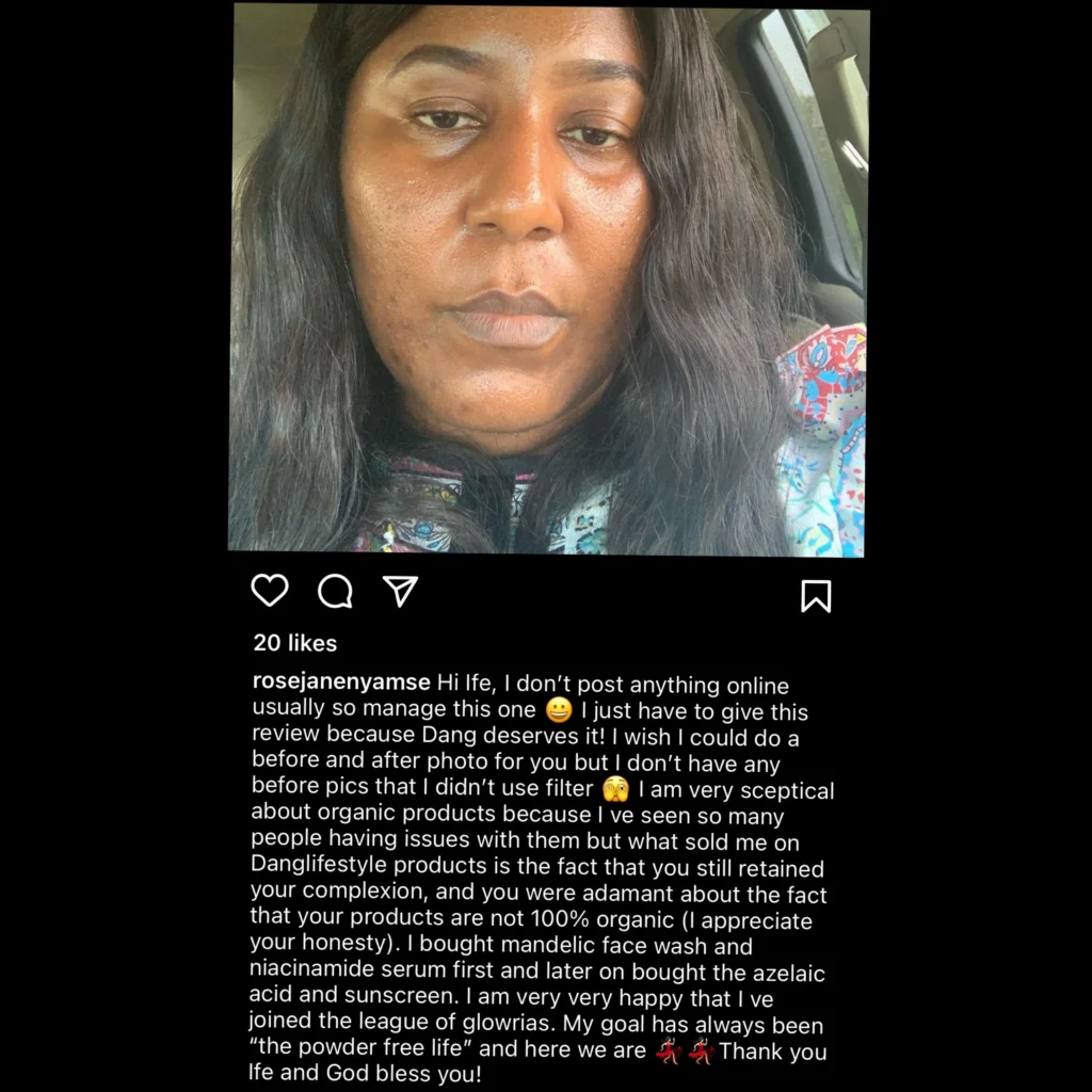 An image of a woman with her reviews of dang products like mandelic, azelaic acid and her after picture showing her glowing skin