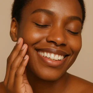 Woman smiling and holding her face