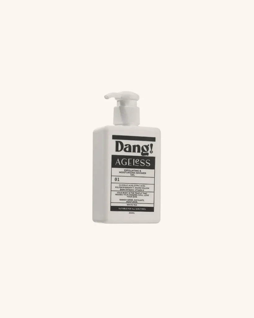 An image of a white pump bottle against a white background with text Dang! Ageless Exfoliating and Moisturising Shower Gel
