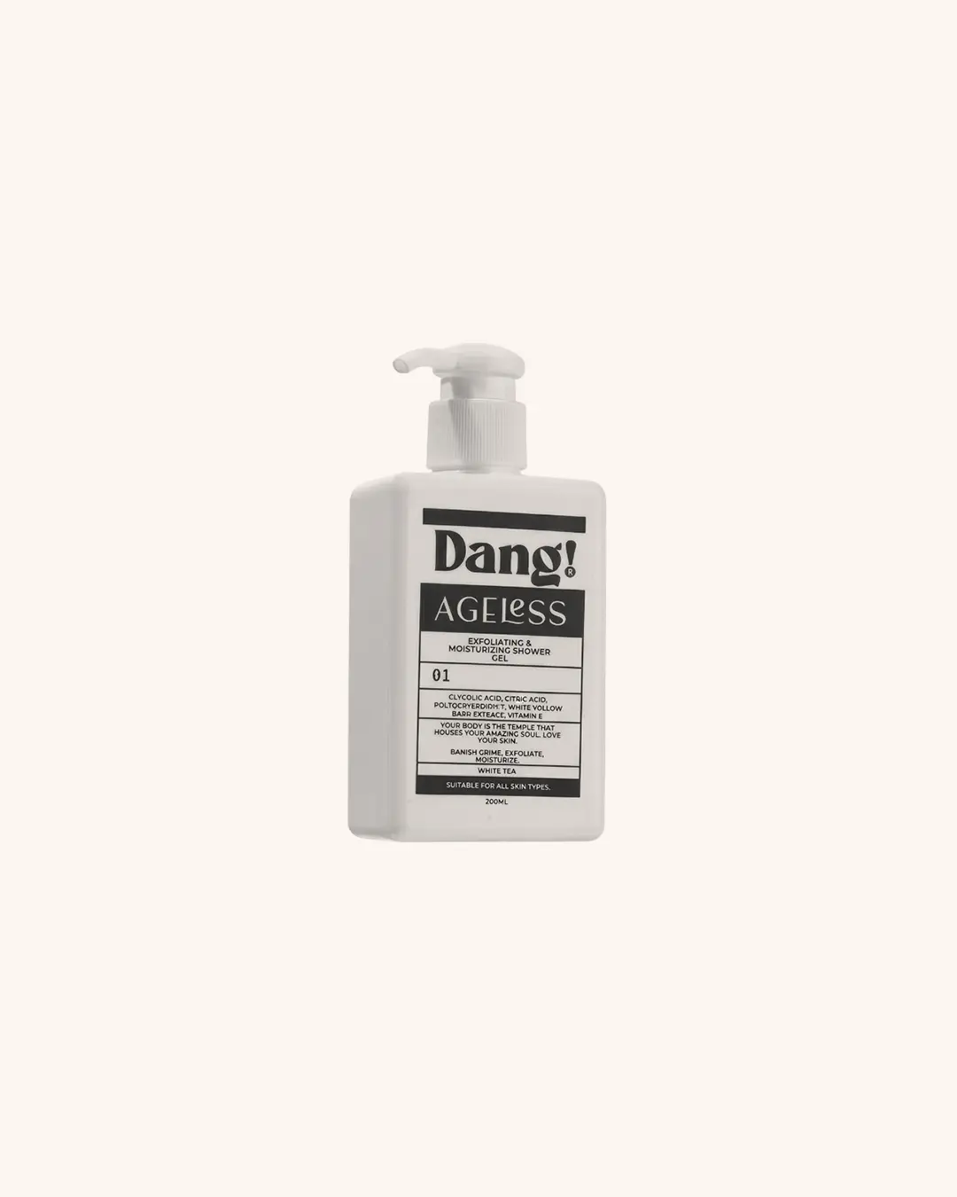 An image of a white pump bottle against a white background with text Dang! Ageless Exfoliating and Moisturising Shower Gel