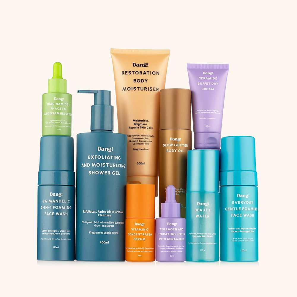 A stack of pregnancy safe skincare products placed infront of a white background