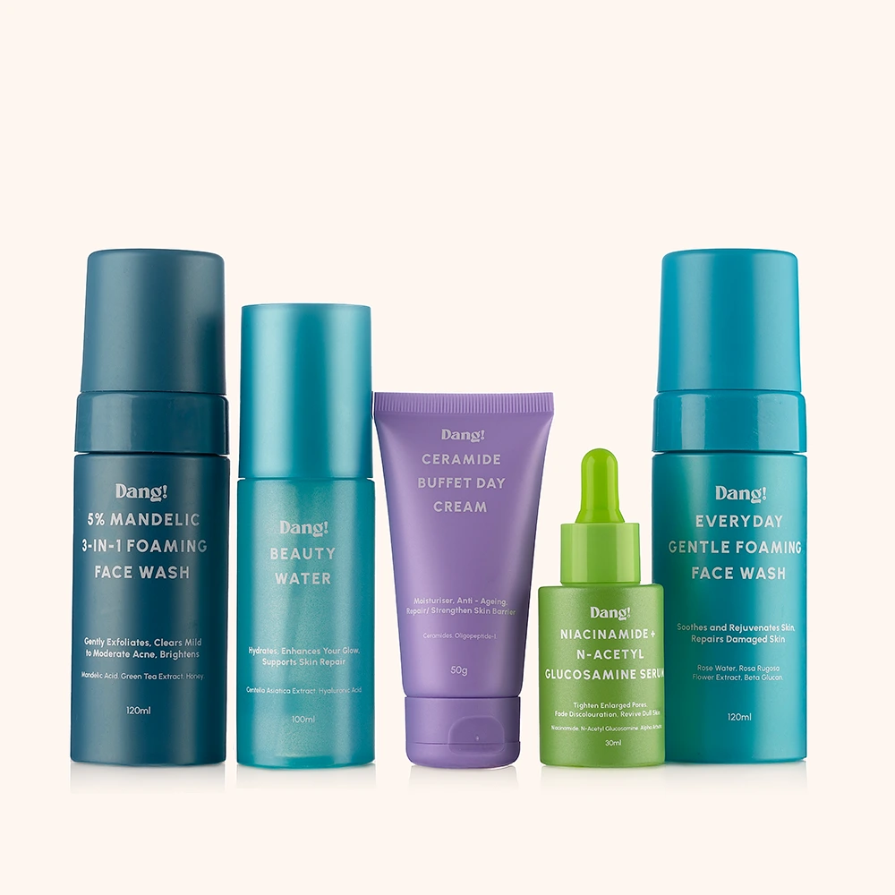 An image of 4 products that make up skincare beginners kit lined up