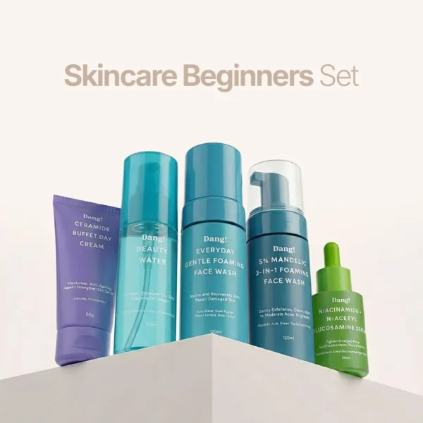 An image of 4 products that make up skincare beginners kit lined up