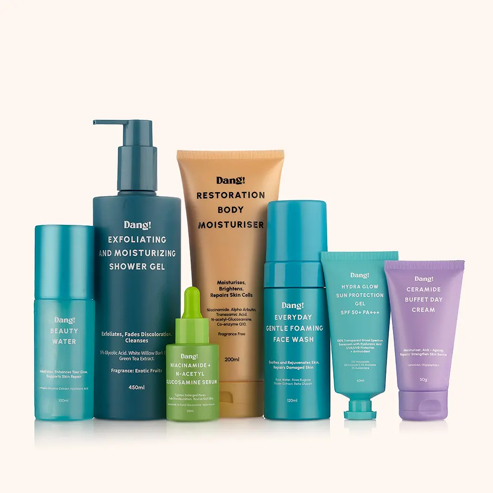 Line up of different skincare products suitable for teenagers