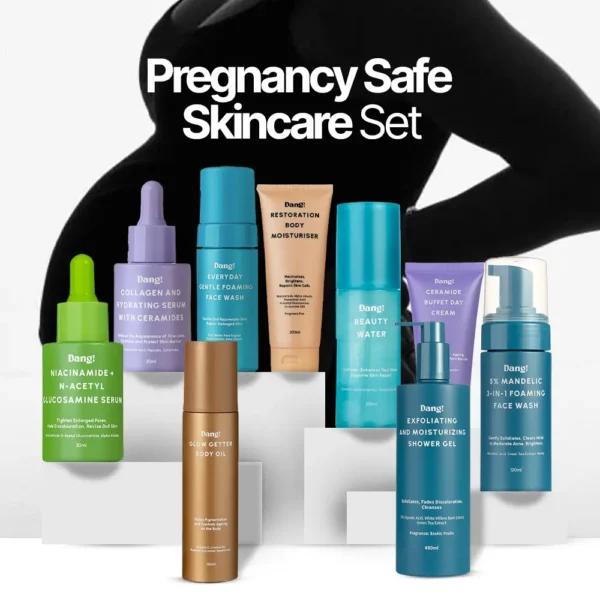 An image of a pregnant lady with pregnancy safe skincare products lined up before her