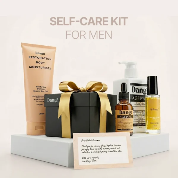 An image of a self-care gift box for men and a line up of skincare and fragrance products