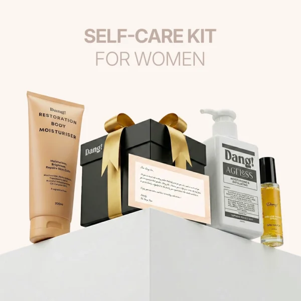 An image of a self care kit for women containing skincare products like shower gel and fragrances like room spray