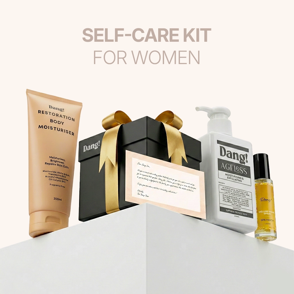 An image of a self care kit for women containing skincare products like shower gel and fragrances like room spray