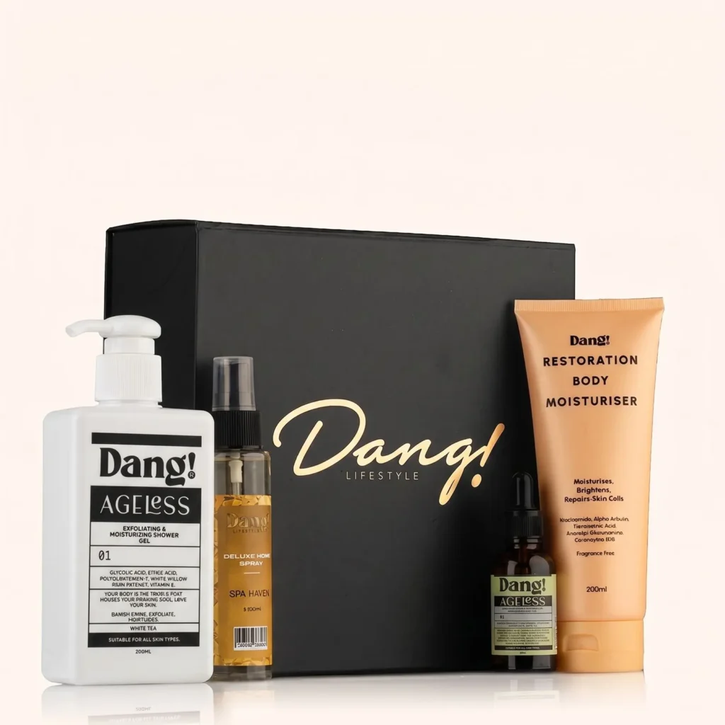 An image of a self-care gift box for men and a line up of skincare and fragrance products