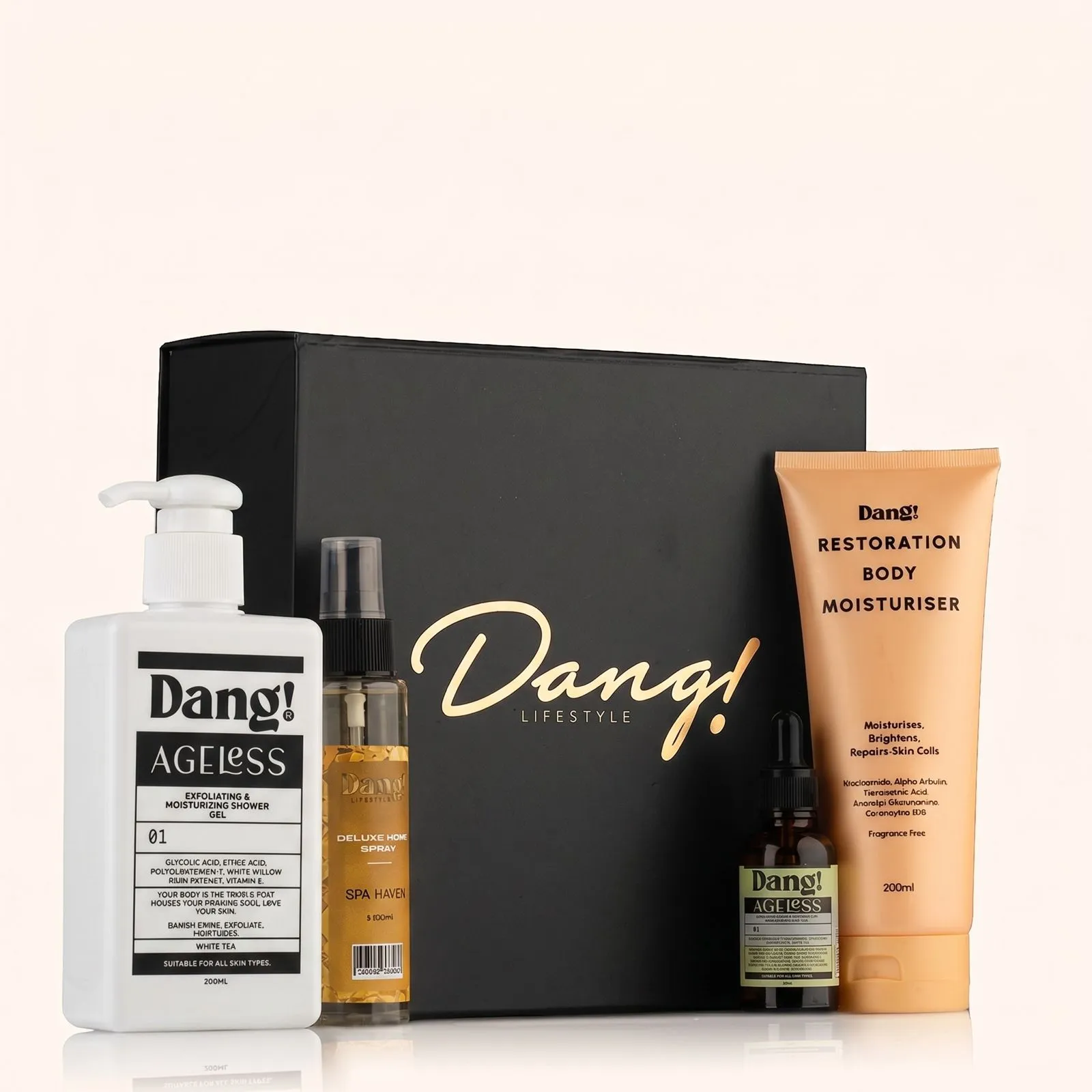 An image of a self-care gift box for men and a line up of skincare and fragrance products