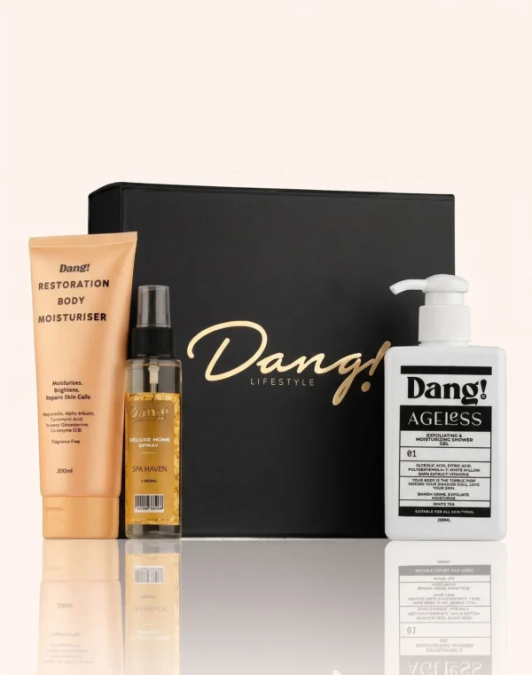 An image of a self care kit for women containing skincare products like shower gel and fragrances like room spray