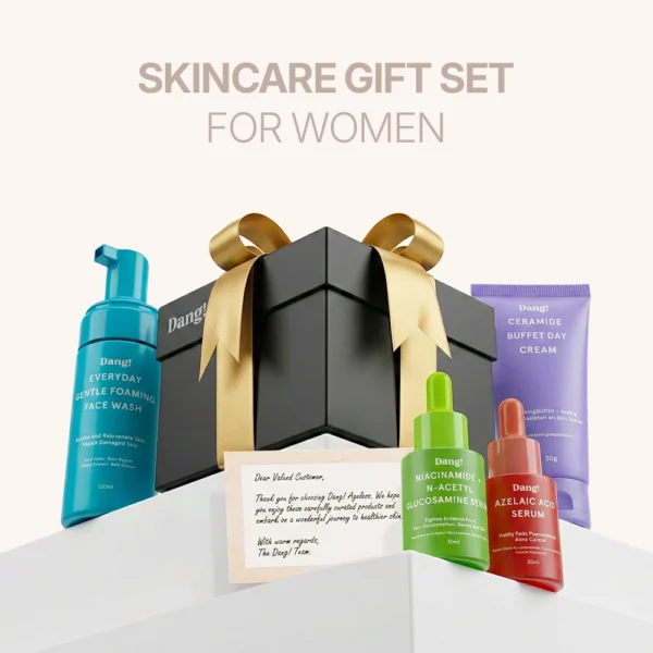 An image of a luxury gift box with skincare products like face wash moisturizer and serums for glowing skin