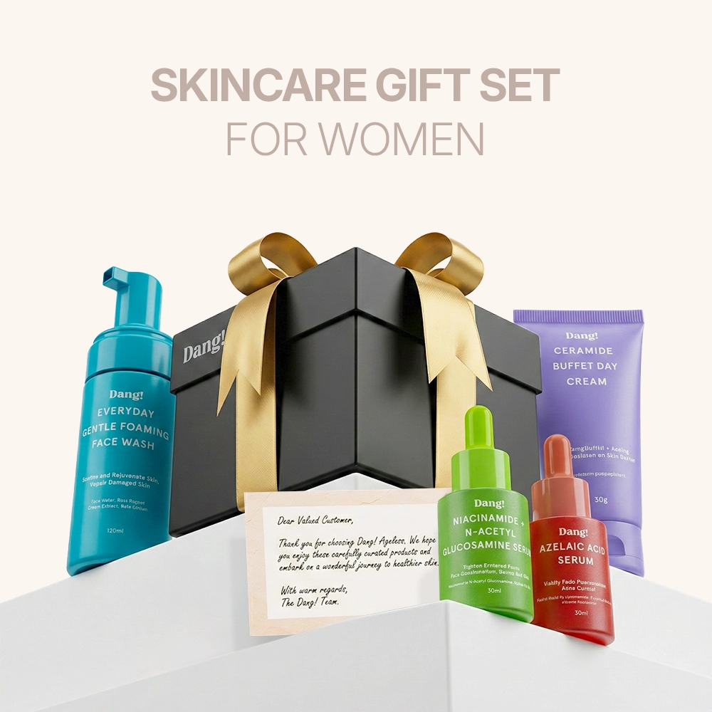An image of a luxury gift box with skincare products like face wash moisturizer and serums for glowing skin