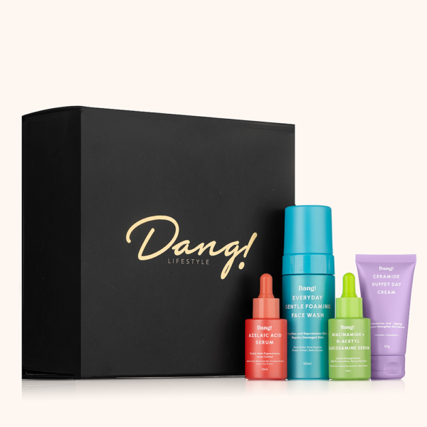 An image of a luxury gift box with skincare products like face wash, moisturiser and serums for glowing skin