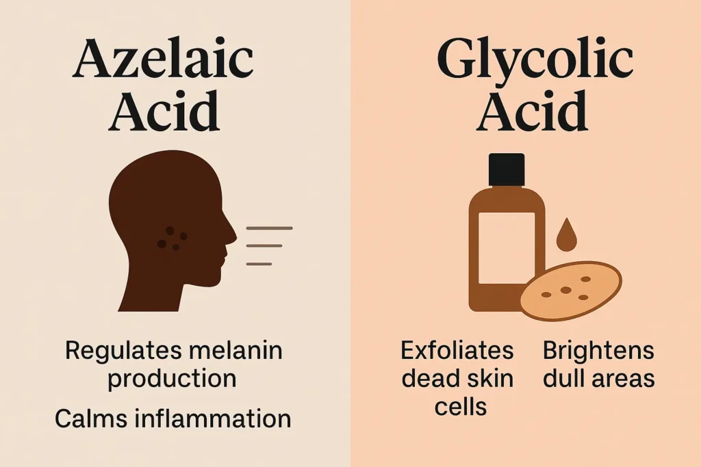 an infographic of azelaic acid vs glycolic acid illustrating the benefits of each