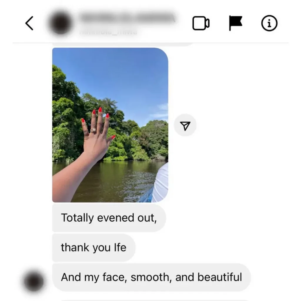 Dang customer review of a customer showing off the even tone skin on her hands after using dang products