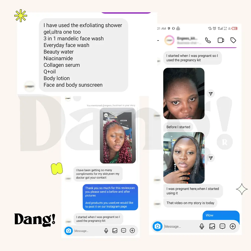 A side-by-side comparison of a person's face, labeled "Before dang" on the left showing skin with visible imperfections, and "2 months using dang skincare products" on the right showing clearer, smoother skin.