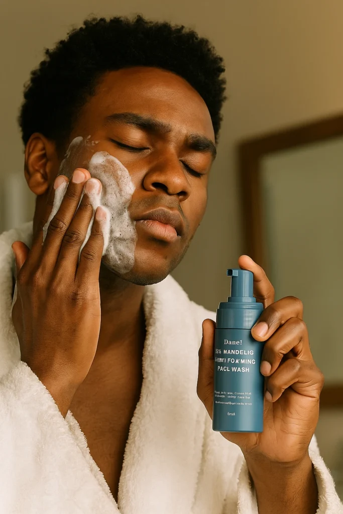 African man using Dang mandelic acid foaming face wash to wash his face in his summer skincare routine