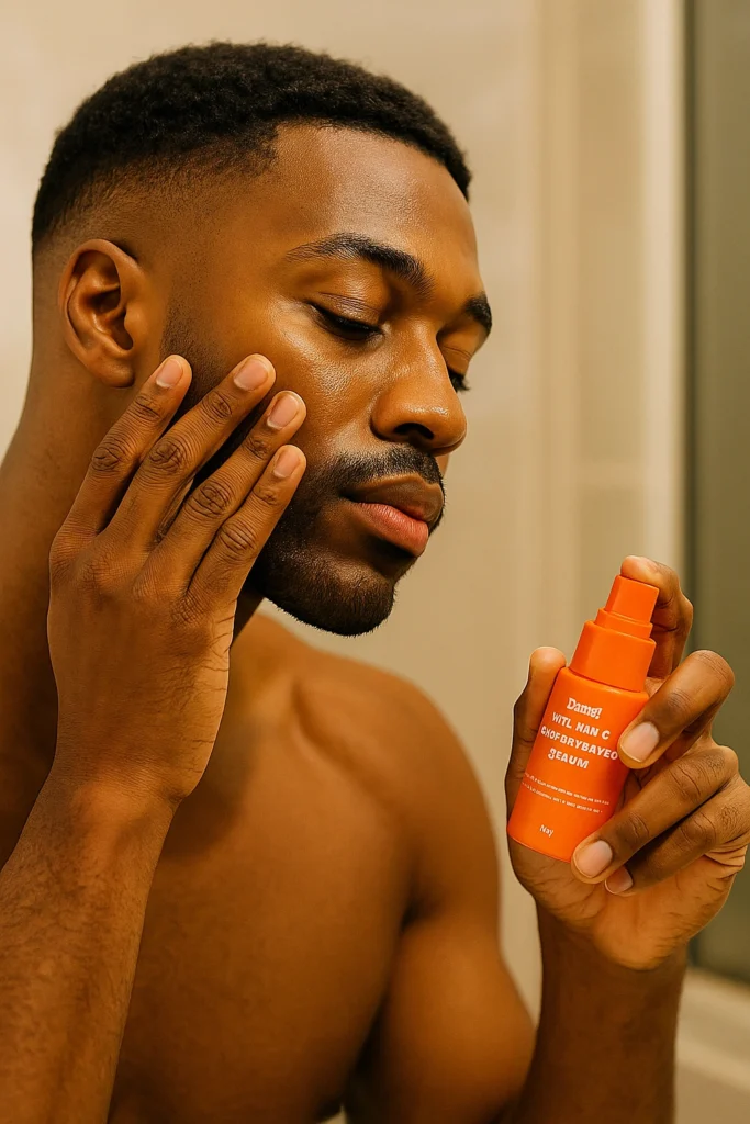 Dark skinned man applying Dang oil-free vitamin C serum to his skin for antioxidant protection 