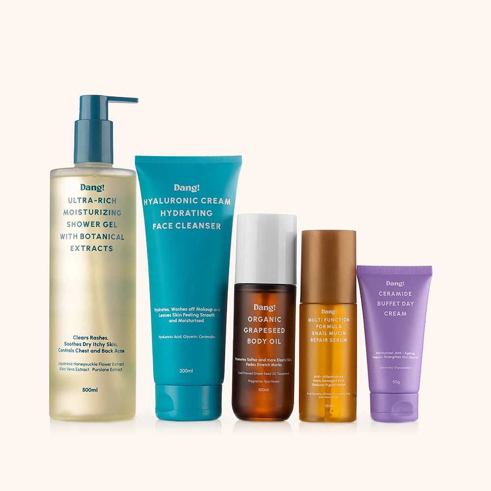 An image of 5 products in the Dang skincare set for students lined up