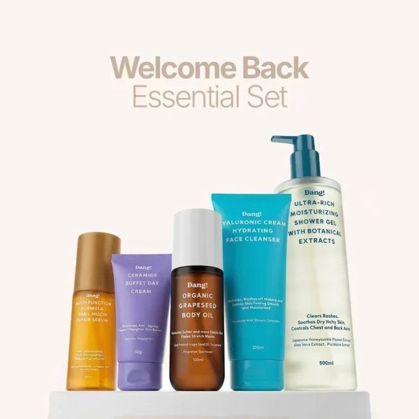 An image of 5 products in the Dang skincare set for students lined up