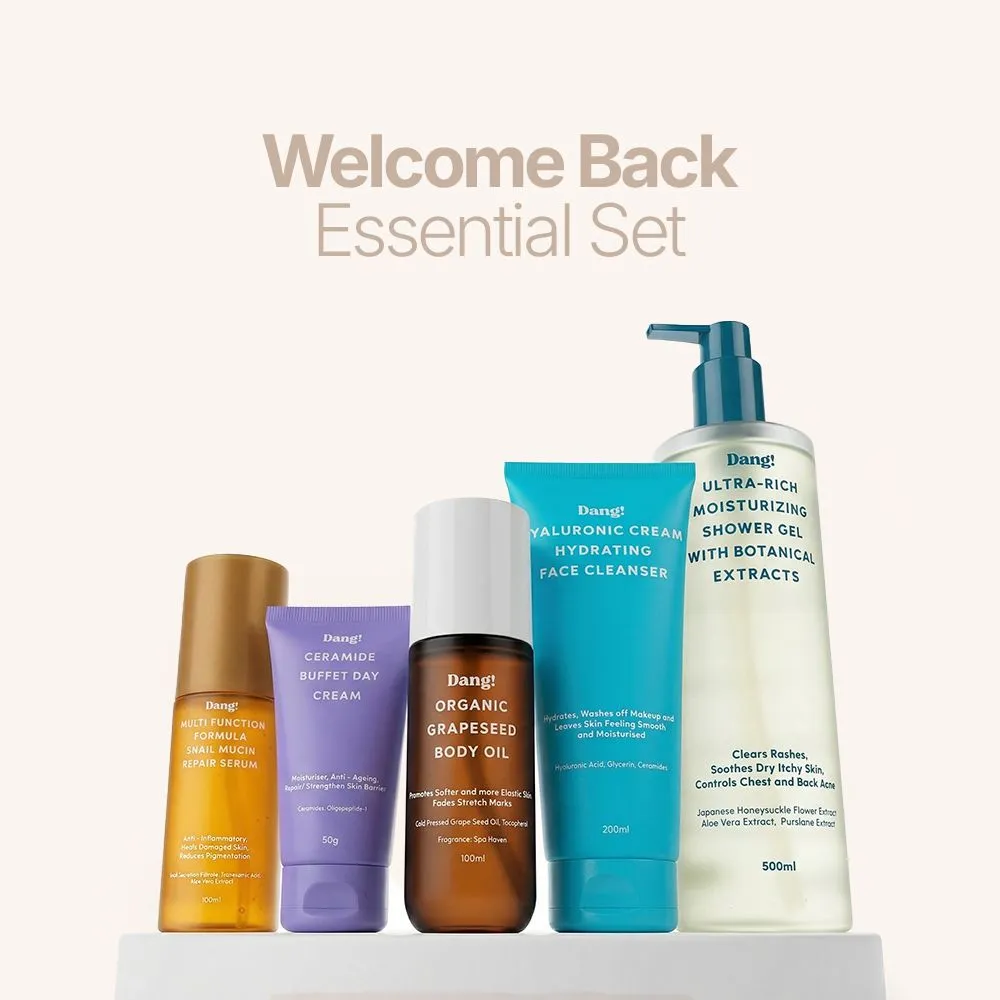 An image of 5 products in the Dang skincare set for students lined up