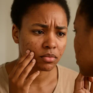 An image of a dark skinned woman with acne-prone skin looking at the dark spots on her face in the mirror