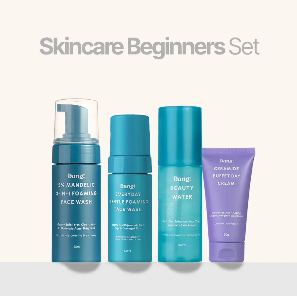 An image of 4 products that make up skincare beginners kit lined up