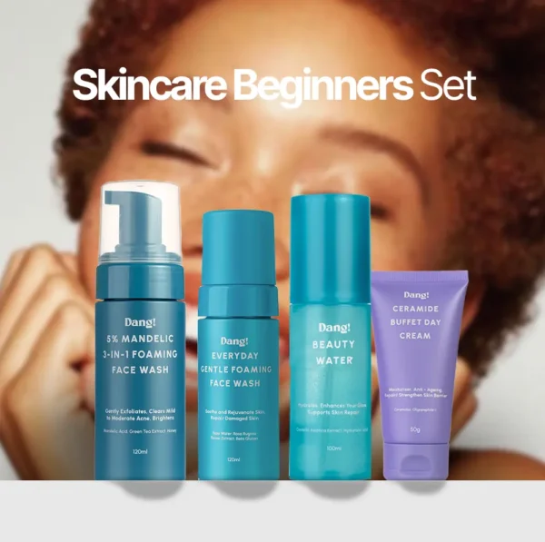 An image of 4 skincare products for beginners lined up in front of a model in this skincare set
