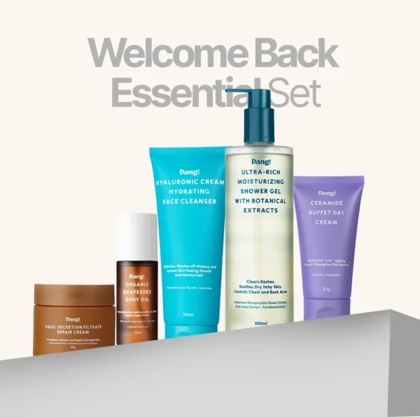 An image of 5 products in the Dang skincare set for students lined up