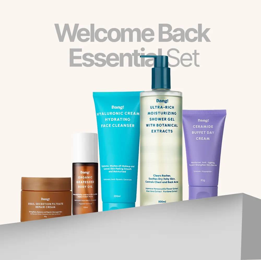 An image of 5 products in the Dang skincare set for students lined up