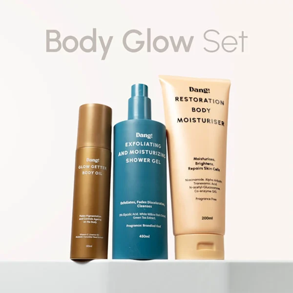 An image of 3 skincare products for glowing skin lined up (body wash, body moisturiser, and body oil