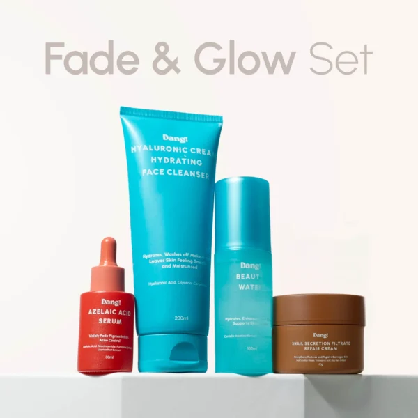 An image of 4 skincare products in the Dang! Fade and Glow set placed side by side