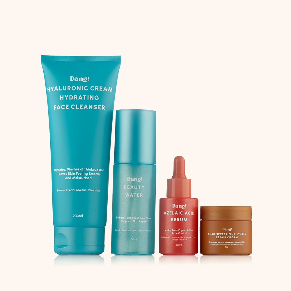 An image of 4 skincare products in the Dang! Fade and Glow set placed side by side