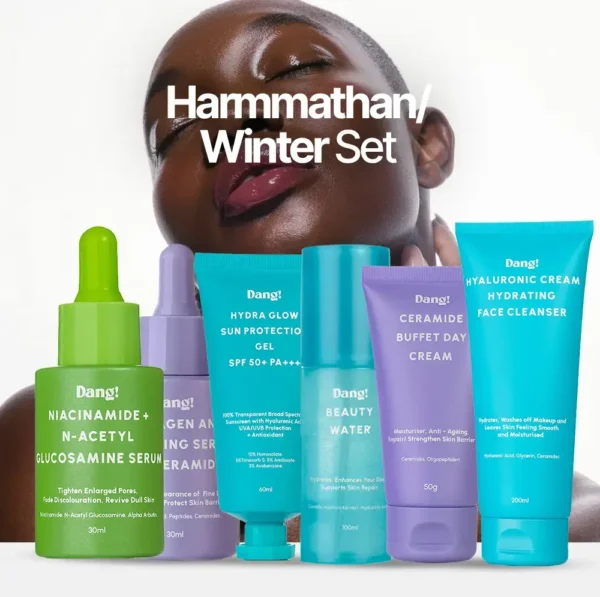 Woman with moisturized skin and skin care products for Winter