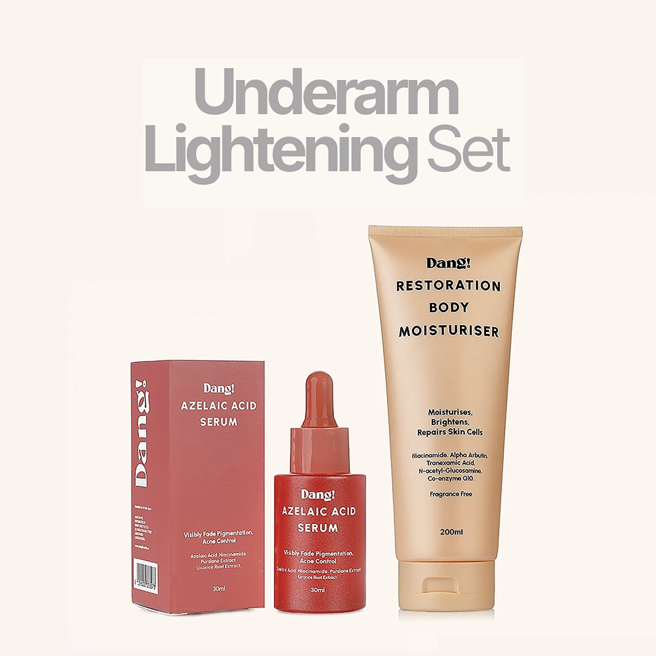 An image of 2 products in the Dang underarm lightening treatment set placed side by side