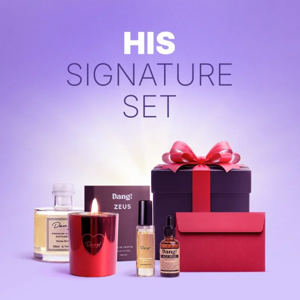 Valentine gift set for men featuring scented canles, diffuser, room spray hair and body care