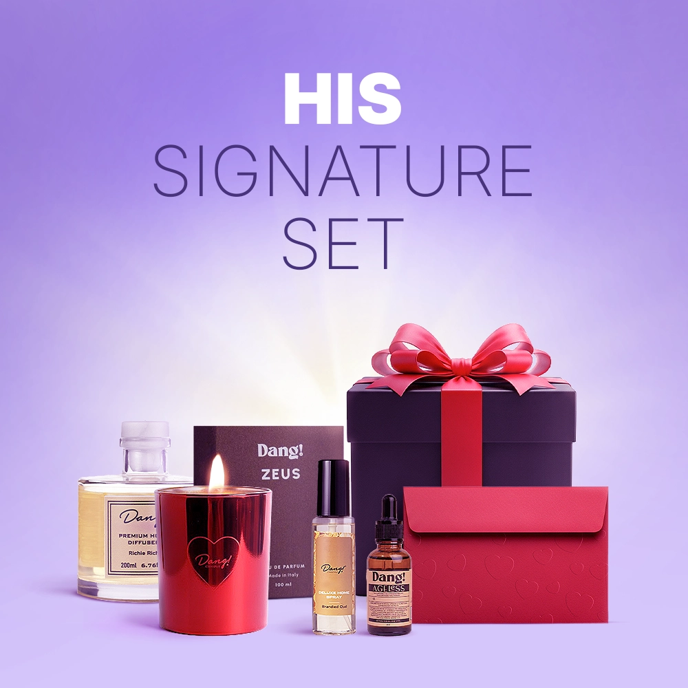 Valentine gift set for men featuring scented canles, diffuser, room spray hair and body care