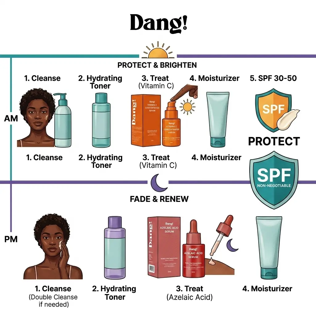 An infographic demonstrating how to use azelaic acid and vitamin C in a routine