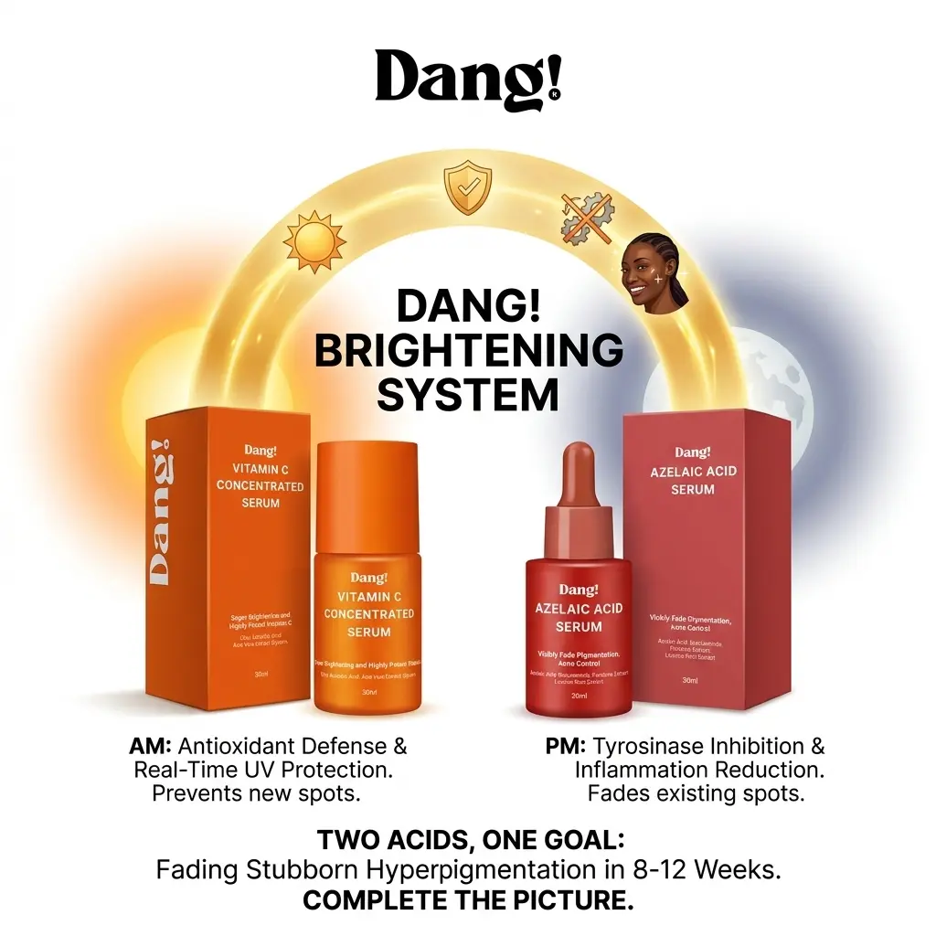 An illustration showing the combined benefits of using azelaic acid and vitamin C together to treat hyperpigmentation