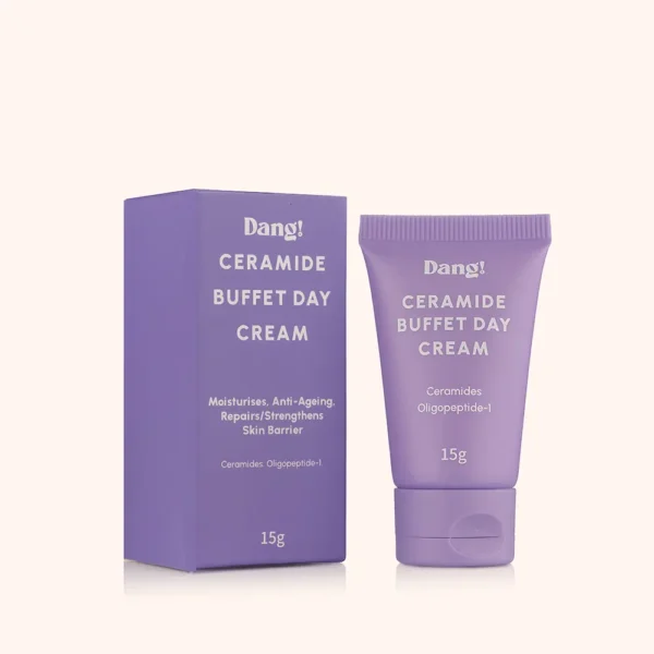 A purple coloured tube with the name ceramide buffet day cream