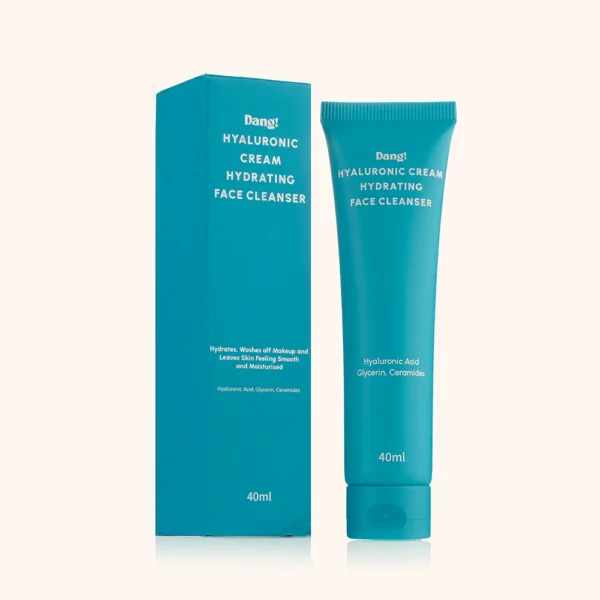 Hydrating cream face wash inside a blue tube container placed infront of a white background